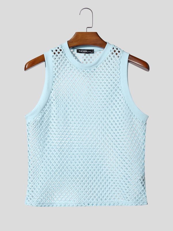 Men's Summer Beach Open Work Crochet Fishnet Knit Muscle Tank SKUL65426