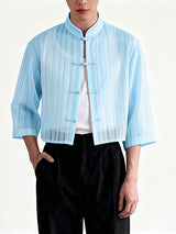 Men's Avant-Garde Neo-Chinese Sheer Striped Cropped Frog-Button Shirt SKUL63172