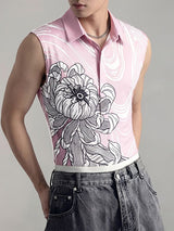 Men's Neo-Chinese Streetwear Ukiyo-e Wave Chrysanthemum Print Fitted Tank SKUL66062