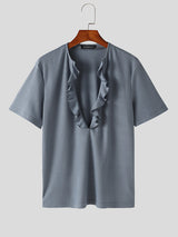 Mens Solid Ruffles Neckline Short Sleeve T-Shirt SKUK51009