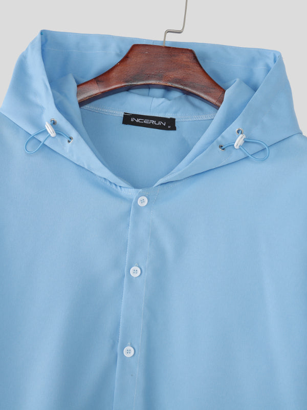 Men's Solid Color Minimalist Hooded Long Sleeve Shirt SKUL31682