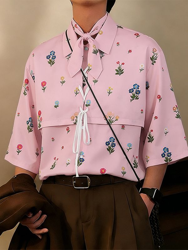 Men's Floral Print Drawstring Half Sleeve Shirt SKUL53142