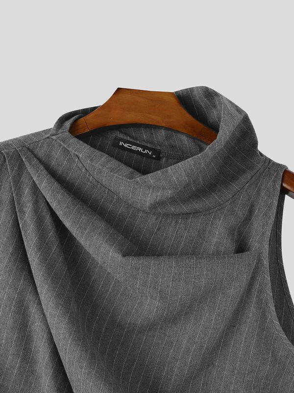Men's Avant-Garde Pinstripe Asymmetrical Draped Cowl Neck Tank SKUL58932
