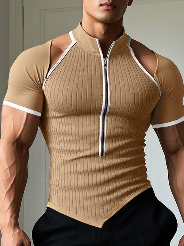 Mens Cut-Out Design Half-Zip Short Sleeve T-Shirt SKUK99805