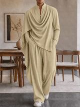 Men's Zen Minimalist Art Exhibition Draped Cape Collar Frog Button Two Pieces Outfit SKUL85354