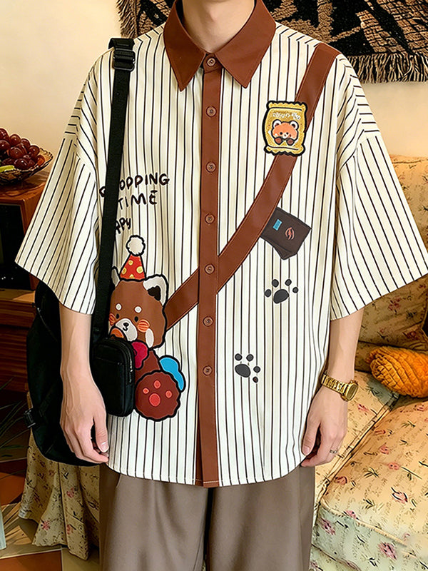 Men's Japanese Vintage Vertical Stripe Cartoon Bear Print Contrast Lapel Short Sleeve Shirt SKUL59664