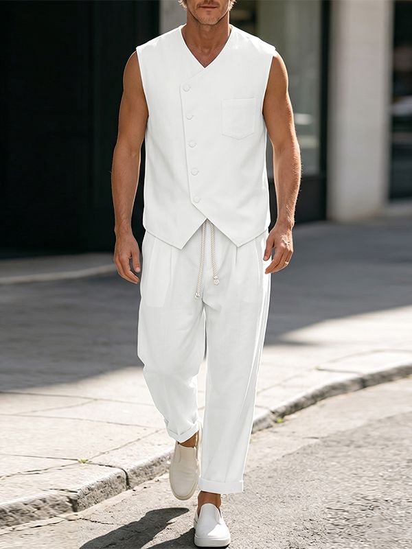Men's Modern Chinoiserie Asymmetric Diagonal Button Two Pieces Outfit SKUL68426