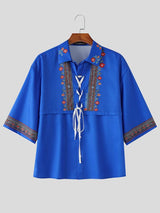 Men's Vintage Ethnic Floral Print Lace-Up Flap Overlay Boxy Short Sleeve Shirt SKUL58685
