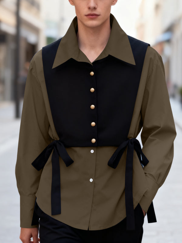 Men's Faux Two Piece Patchwork Long Sleeve Shirt SKUL46566