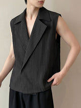 Men's Avant Garde Pleated Crinkle Wrap Lapel Deep V Neck Waistcoat SKUL70468