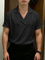 Men's Avant-Garde Draped Wrap Front Cuban Collar Shirt SKUL63693