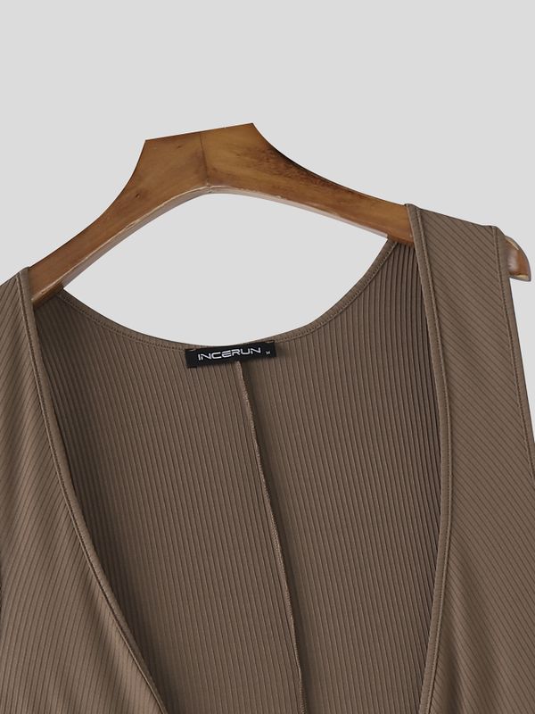 Men's Knit Textured Deep U-Neck Bodysuit SKUL57716
