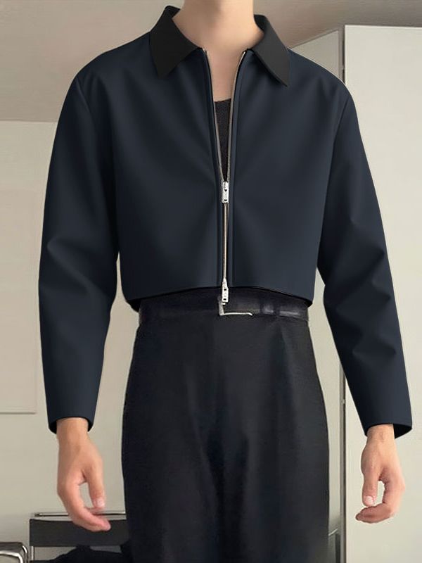 Men's Contrast Color Collar Cropped Zip Long Sleeve Jacket SKUL35207
