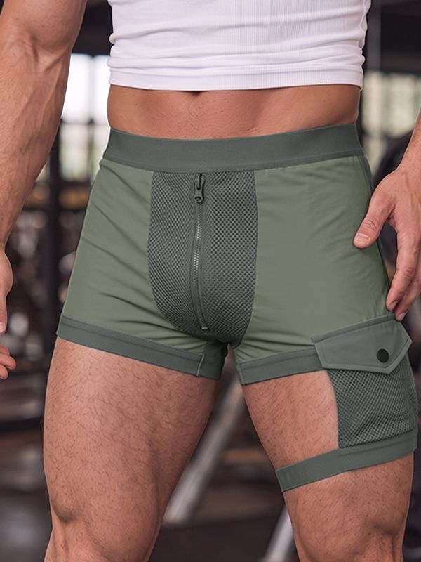 Men's Avant-Garde Sport Pool Party Cutout Thigh Strap Colorblock Short SKUL85265