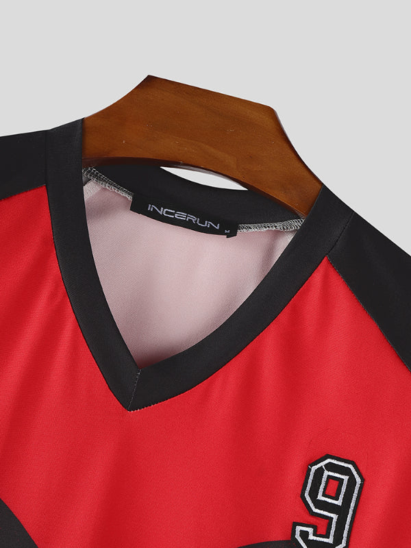 Men's Number Print Lace Colorblock Short Sleeve T-Shirt SKUL20277