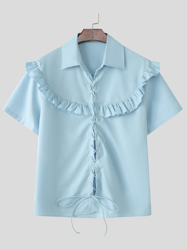 Men's Casual Lace Up Interwoven Short Sleeve Shirt SKUL10752