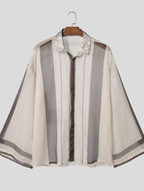 Men's Retro Early Autumn Sheer Stripe Contrast Polka Dot Lantern Long Sleeve Lapel Collar Shirt SKUL77321