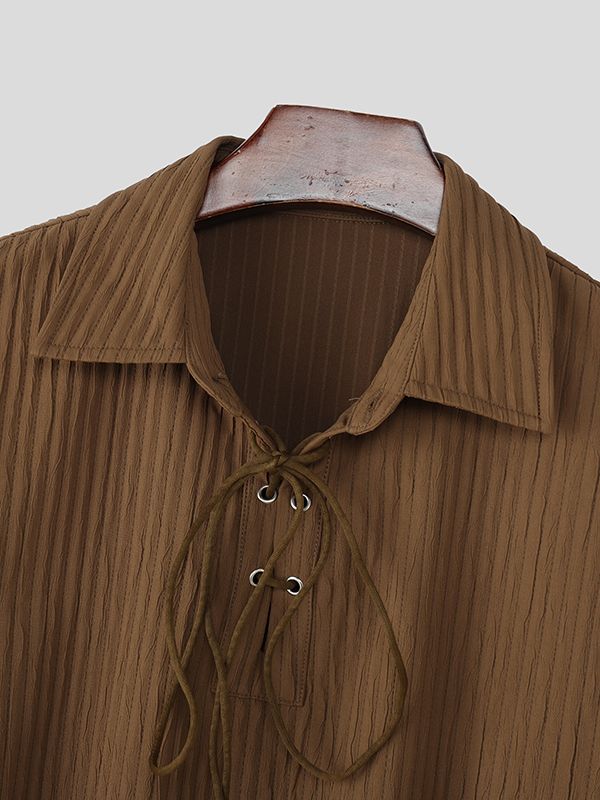 Men's Textured Drawstring Lapel Long Sleeve Shirt SKUL34969