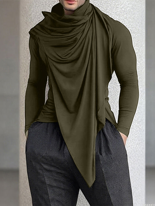 Men's Solid Ruched Drape Neck Long Sleeve T-Shirt SKUL28150