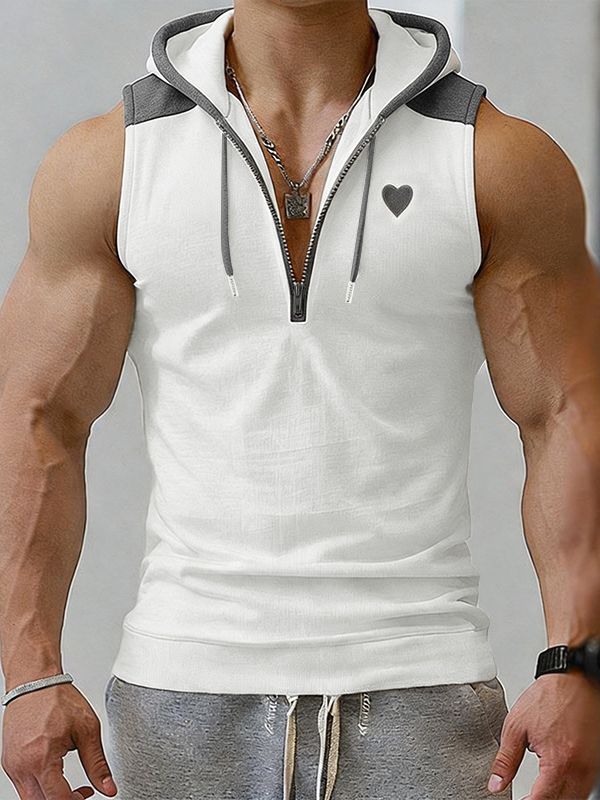 Men's Athletic Gym Half Zip Drawstring Hood Muscle Fit Sleeveless Hooded Collar Tank SKUL73201
