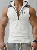 Men's Athletic Gym Half Zip Drawstring Hood Muscle Fit Sleeveless Hooded Collar Tank SKUL73201