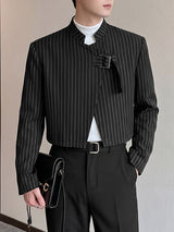 Men's Avant-Garde Pinstripe Stand Collar Asymmetrical Buckle Cropped Blazer SKUL77994