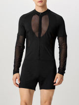 Mens Cut-Out Mesh Patchwork Long Sleeve Bodysuit SKUK84746