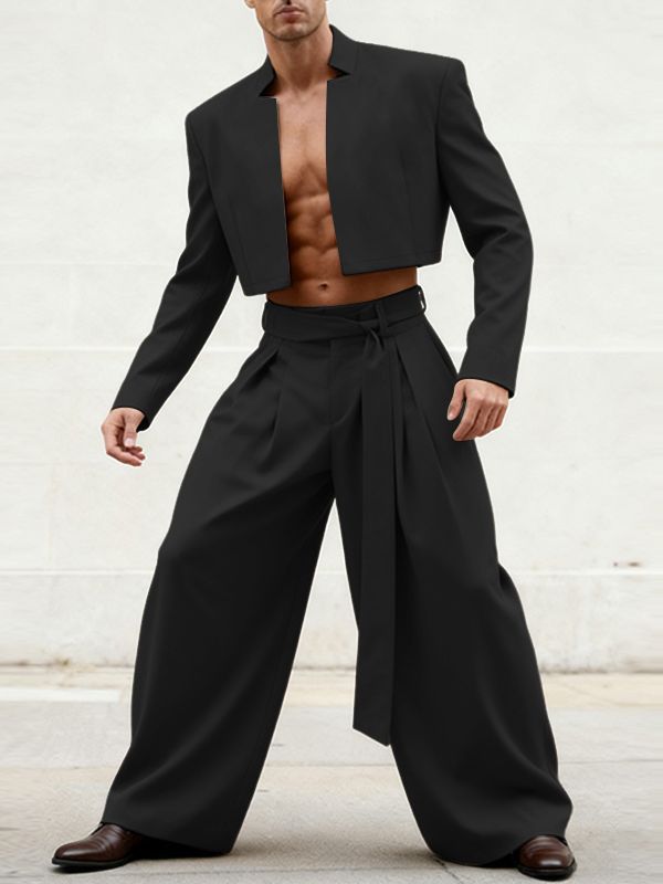 Men's Solid Color Star Collar Cropped Two Pieces Outfit SKUL45355