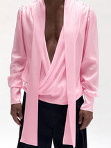 Men's Ribbon Tie Design Draped Neck Long Sleeve Shirt SKUL47590