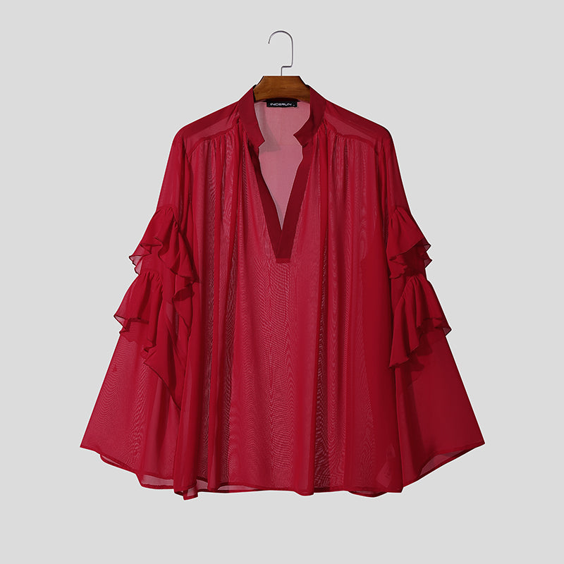 Men's Ruffle Patchwork Sheer Long Sleeve Shirt SKUL43729