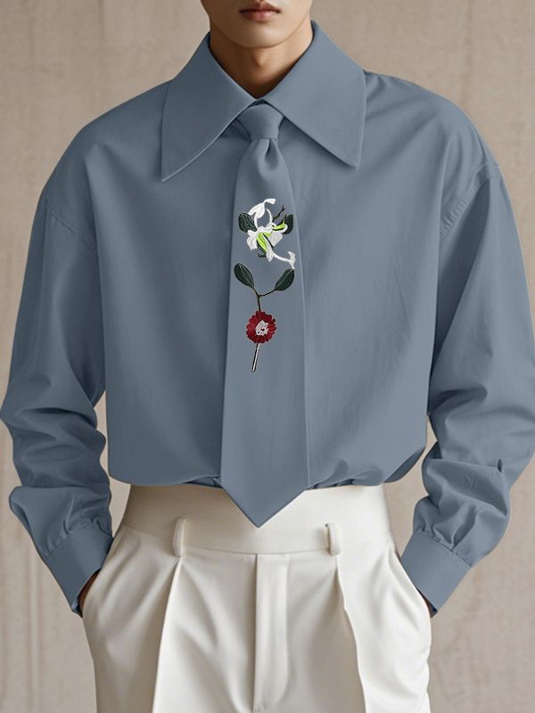 Men's Embroidered Tie Long Sleeve Shirt SKUL44951
