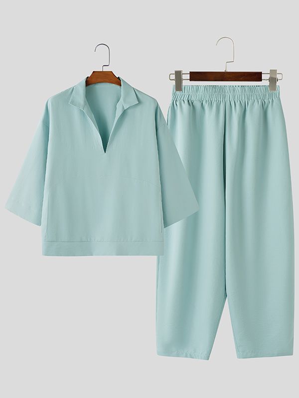 Men's Solid Color Casual Collar Two Piece Outfit SKUL50084