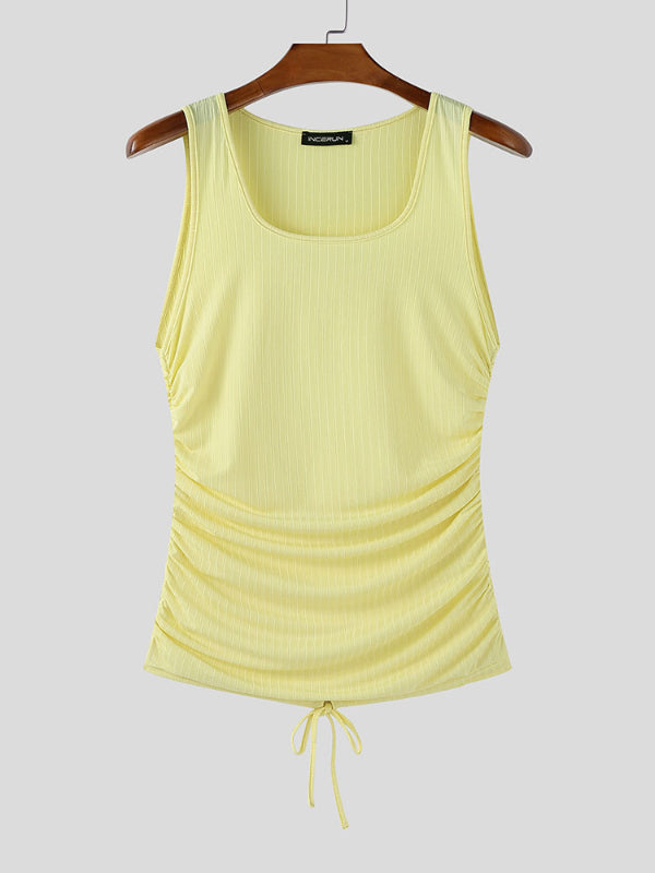 Mens Solid Color Textured Drawstring Casual Tank SKUL15386