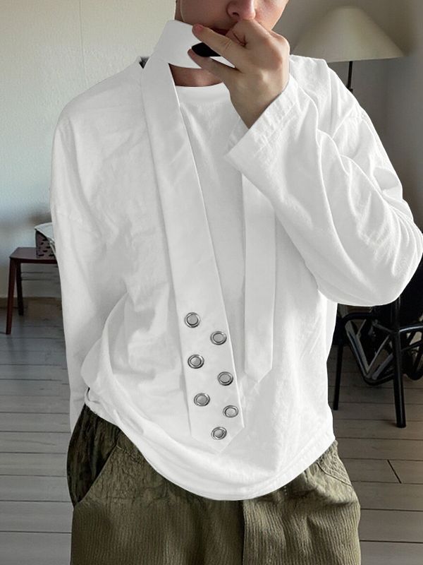 Men's Solid Color Thin Scarf Long Sleeve T-shirt SKUL47913