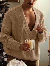 Men's Solid Deep V-Neck Long Sleeve Sweater SKUL24792