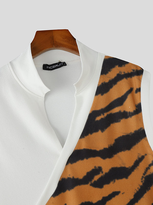 Mens Tiger Print Patchwork Casual Tank SKUL12861
