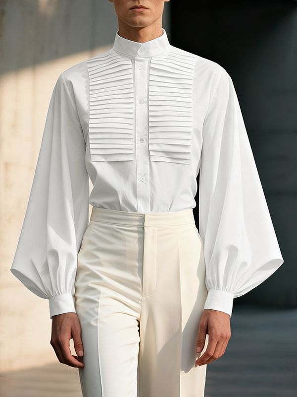 Men's Solid Color Pleated Long Sleeve Shirt SKUL48014