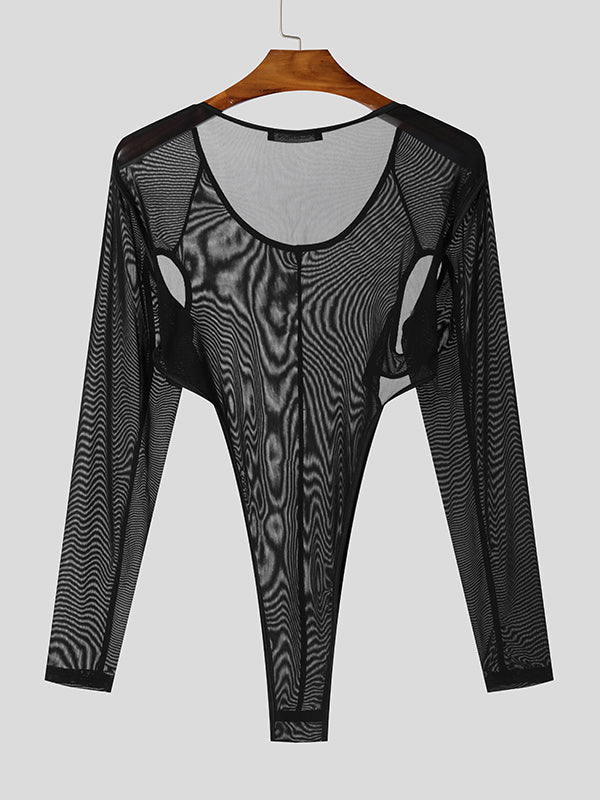 Mens Sheer Mesh Design Long-Sleeve Bodysuit SKUK85948