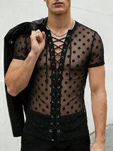 Men's Polka Dot Sheer Drawstring Tie Short Sleeve T-shirt SKUL57646