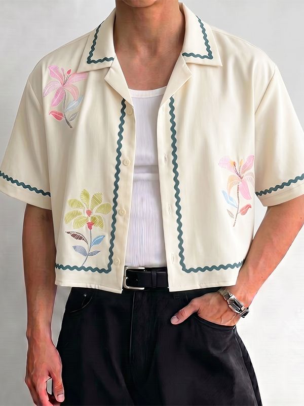 Men's Retro Floral Print Wavy Trim Cropped Camp Collar Shirt SKUL74582