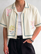 Men's Retro Floral Print Wavy Trim Cropped Camp Collar Shirt SKUL74582