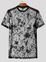 Mens Floral Jacquard Mesh See Through T-Shirt SKUK45293