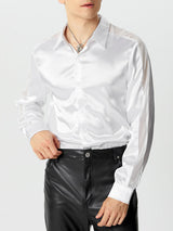 Mens Mesh Hollow-Out Patchwork Satin Long-Sleeve Shirt SKUK76986