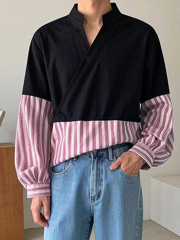 Mens Striped Contrast Stand Collar Long-Sleeve Shirt SKUK99045