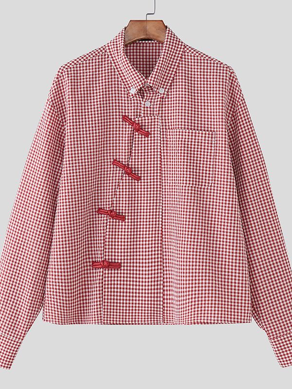 Men's Plaid Chinese Knot Long Sleeve Shirt SKUL50075