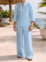 Men's Bohemian Resort Beach Vacation Hollow Cutout Grid Lace-Up Two Pieces Outfit SKUL84806