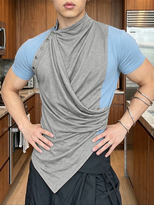 Men's Avant-Garde Deconstructed Asymmetric High-Neck Draped Fitted Short Sleeve T-shirt SKUL71253