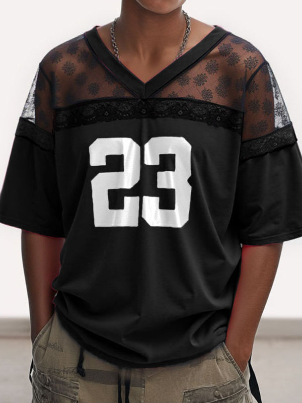 Men's Number Print Sheer Lace Patchwork Short Sleeve T-Shirt SKUL19020