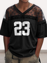 Men's Number Print Sheer Lace Patchwork Short Sleeve T-Shirt SKUL19020