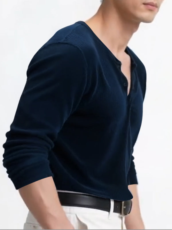 Men's Solid Textured V Neck Long Sleeve T-Shirt SKUL29585